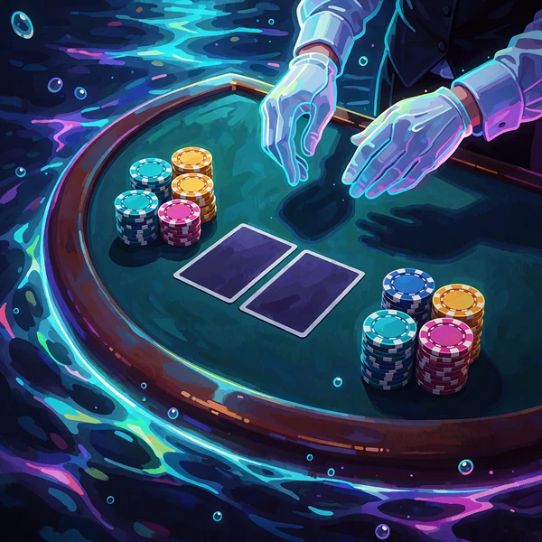 Zakrzywiony st&oacute;ł z zakrytymi kartami i stosami żeton&oacute;w - blackjack z krupierem na żywo
