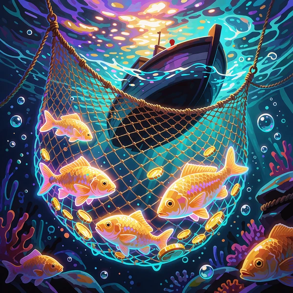 Sieć pełna złotych ryb i monet pod łodzią - miniatura slotu Big Boat Big Catch w Fugu Casino