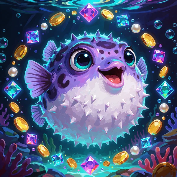 Nadęta rybka fugu w kręgu klejnot&oacute;w, monet i pereł - tytuły na wyłączność Only at FUGU