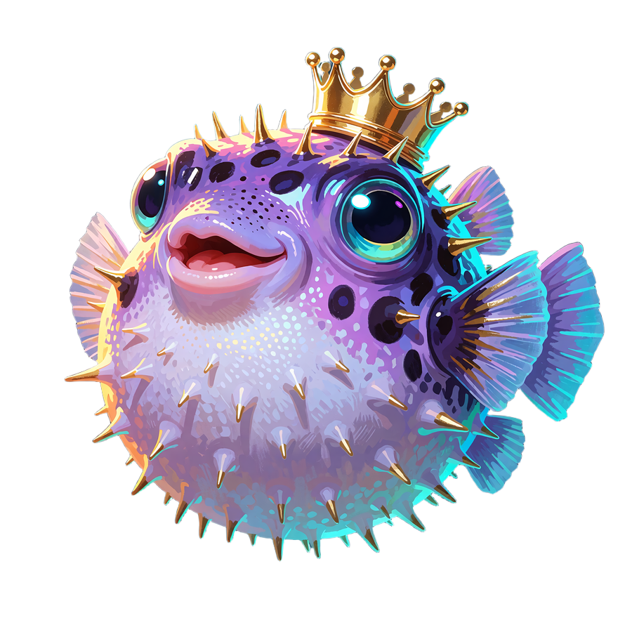 Rybka fugu w złotej koronie, symbol programu VIP Club w Fugu Casino, otoczona perłami